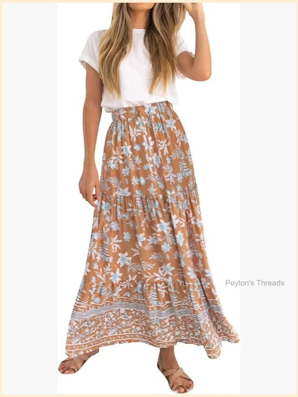Bohemian Floral Printed Elastic Waist A-Line Maxi Skirt with Pockets